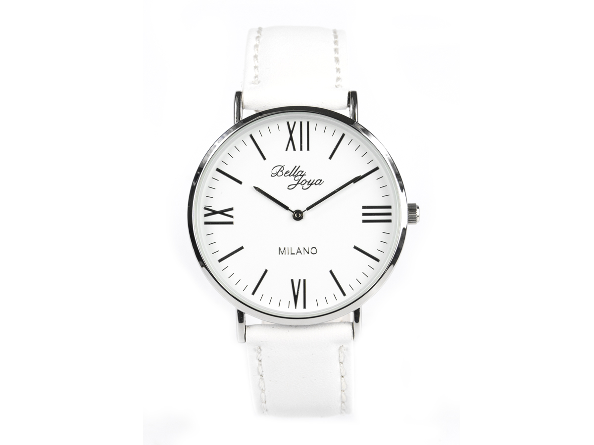 Milano, superflache Fashion-Uhr, Echtlederband weiß