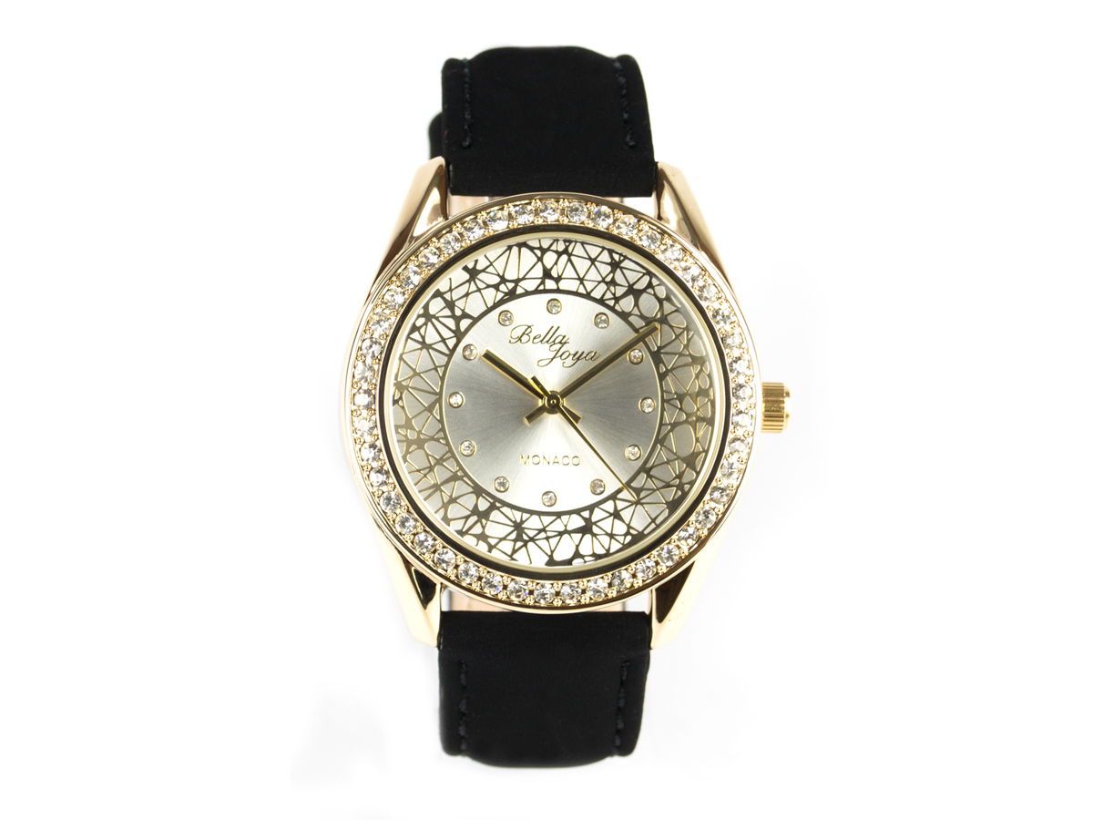 Monaco, edle Damen-Uhr, goldenes Gehäuse, Schmucksteinen, Echtlederband Samteffekt