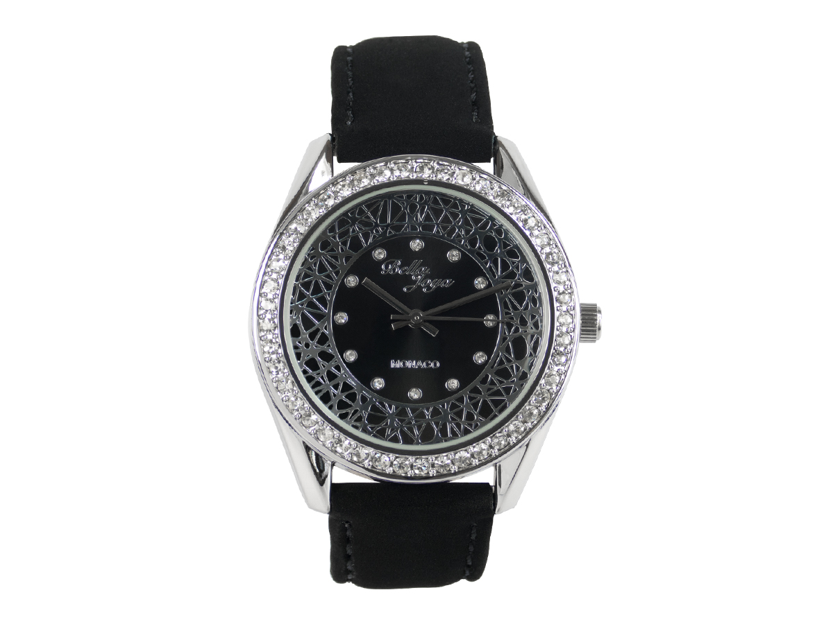 Monaco, Edle-Damen-Uhr, silbernes Gehäuse, Schmucksteinen, Echtlederband Samteffekt